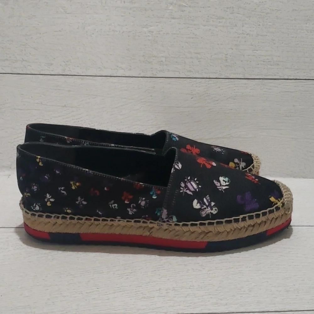 Diane Von Furstenberg 8 black canvas floral loafers espadrilles platforms